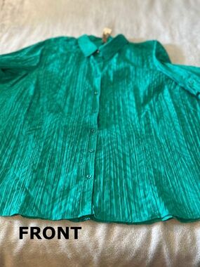 BLOUSE, SMALL VERTICAL PLEATS, DEEP TURQUOISE, SIZE 4X, TAB SLEEVES, DARTS, COTT